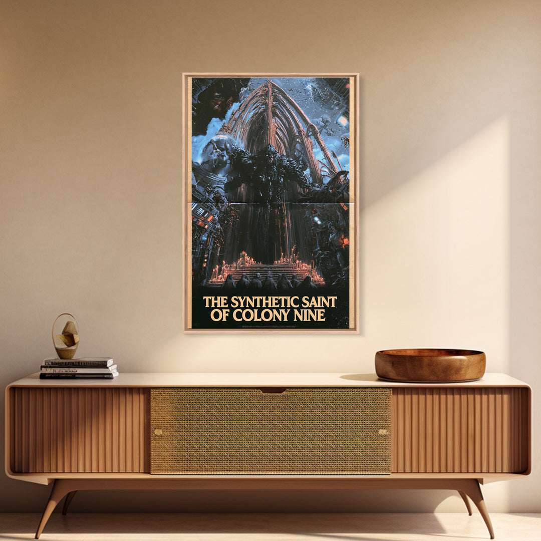 The Synthetic Saint Of Colony Nine, English Language Horror Movie Poster, 1980s Vhs Nightmare Cover Inspired Art, Classic Monster Poster