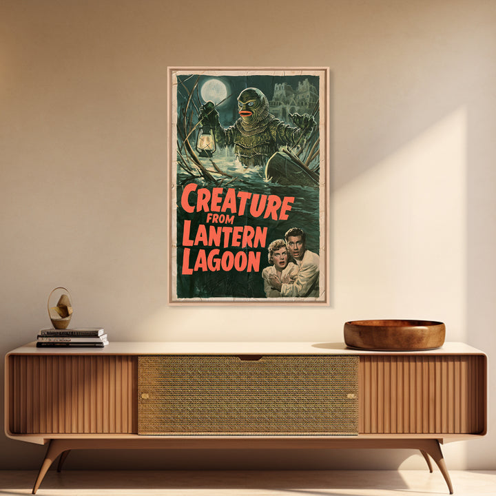 Creature From Lantern Lagoon, English Language Horror Movie Poster, 1950s Creature-Feature One-Sheet Inspired Art, Gothic Cinema Wall Art