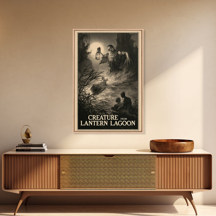 Creature From Lantern Lagoon, English Language Horror Movie Poster, Gothic Engraving Art, Gothic Cinema Wall Art, Framed Canvas Print