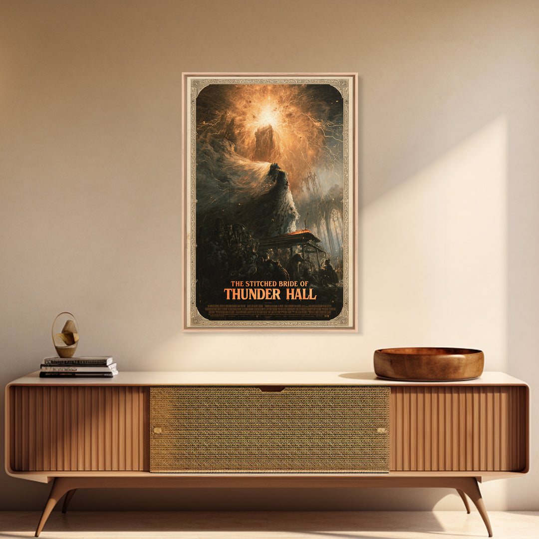The Stitched Bride Of Thunder Hall, English Language Horror Movie Poster, Apocalyptic Romantic Art, Retro Horror Movie Art