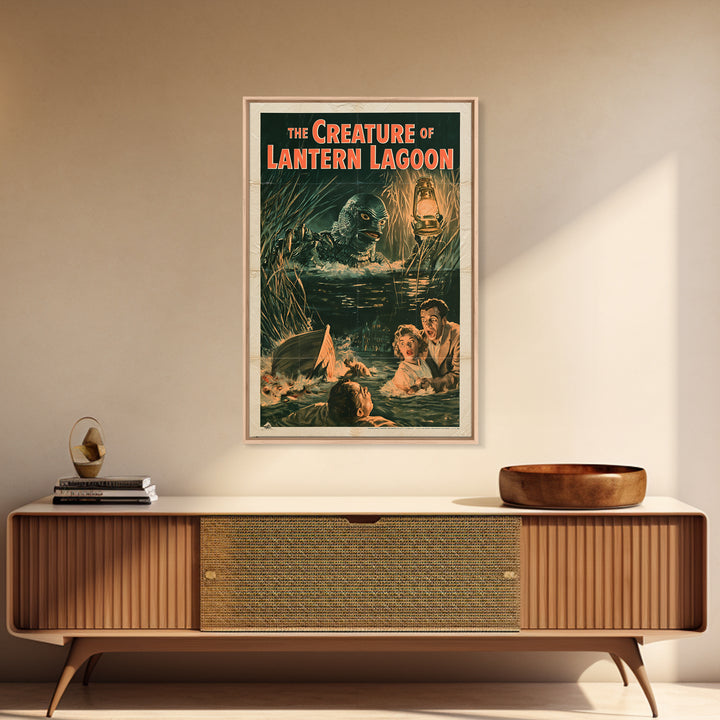 The Creature Of Lantern Lagoon, English Language Horror Movie Poster, 1950s Creature-Feature One-Sheet Inspired Art, Cult Horror Poster
