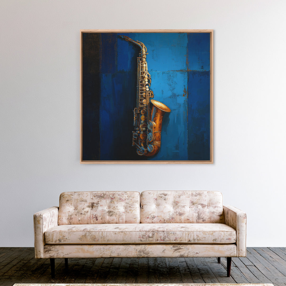 Jazz Saxophone with Smoky Blue Background Framed Canvas Print, Music Studio Art, Watercolor Print, Studio Decor, Rhythm, MSA-1x1-2