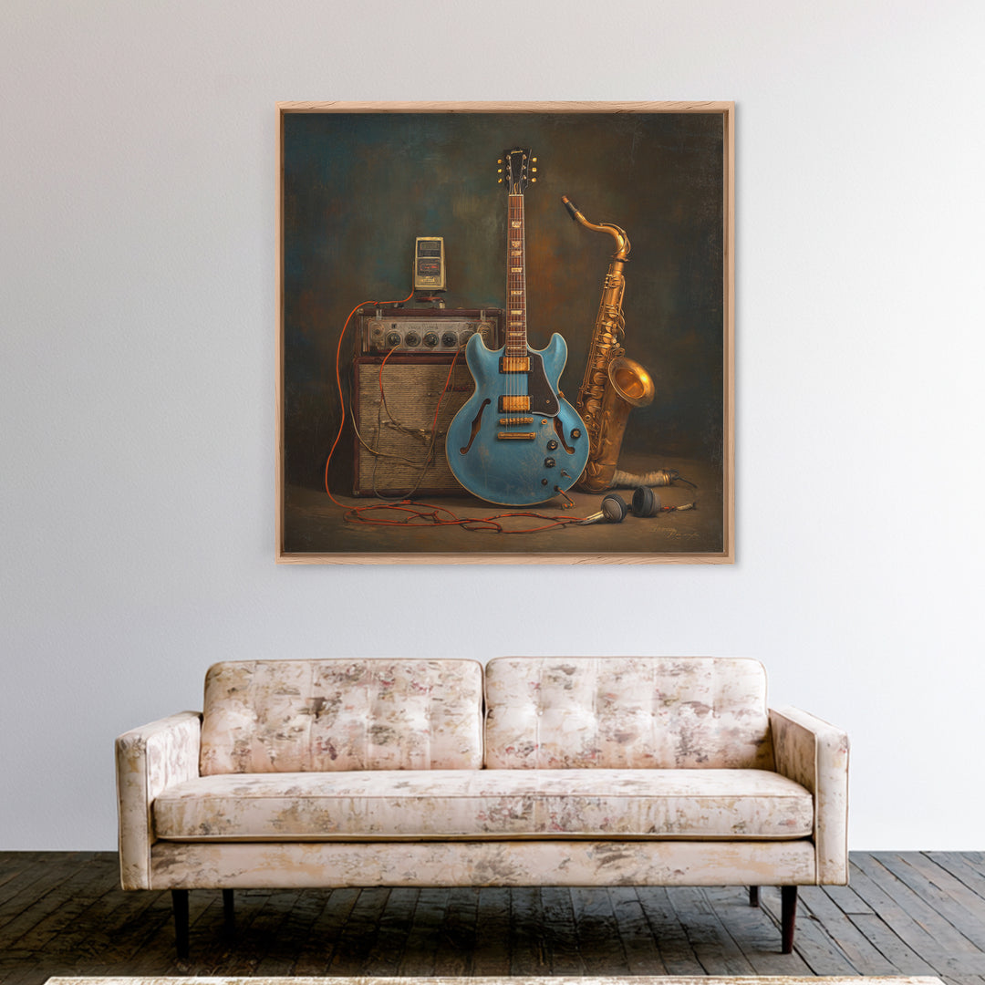Electric Guitar Pedals and Cables Graphic Art Framed Canvas Print, Music Studio Art, Teen Room Decor, Studio Decor, Rhythm, MSA-1x1-21