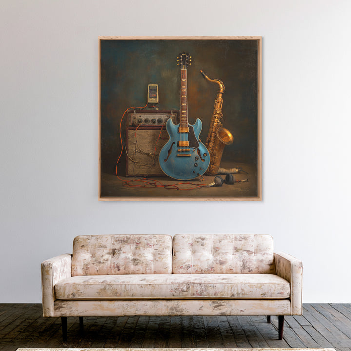 Electric Guitar Pedals and Cables Graphic Art Framed Canvas Print, Music Studio Art, Teen Room Decor, Studio Decor, Rhythm, MSA-1x1-21