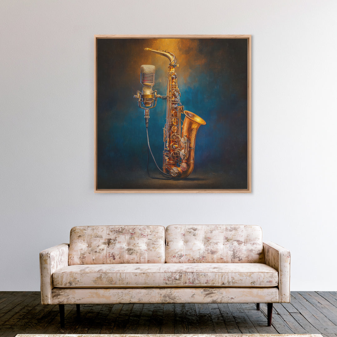 Microphone Portrait with Golden Spotlight Canvas Print, Music Studio Art, Painting from Photo, Studio Decor, Fine Art, Rhythm, MSA-1x1-31