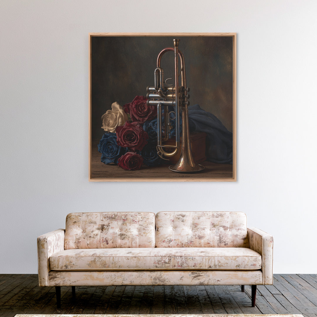 Trumpet and Roses Framed Canvas Print, Music Studio Art, Gallery Decor, Studio Decor, Fine Art, Rhythm, Contemporary Art, MSA-1x1-32