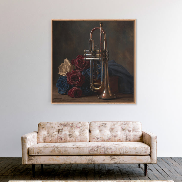 Trumpet and Roses Framed Canvas Print, Music Studio Art, Gallery Decor, Studio Decor, Fine Art, Rhythm, Contemporary Art, MSA-1x1-32