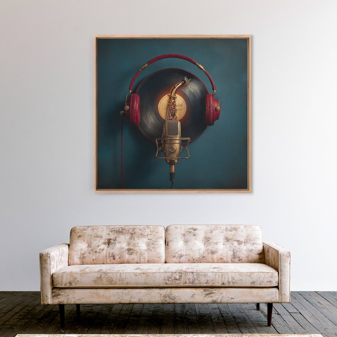 Headphones Around a Glowing Record Canvas Print, Music Studio Art, Music Posters, Studio Decor, Fine Art, Rhythm, Music Lover, MSA-1x1-35