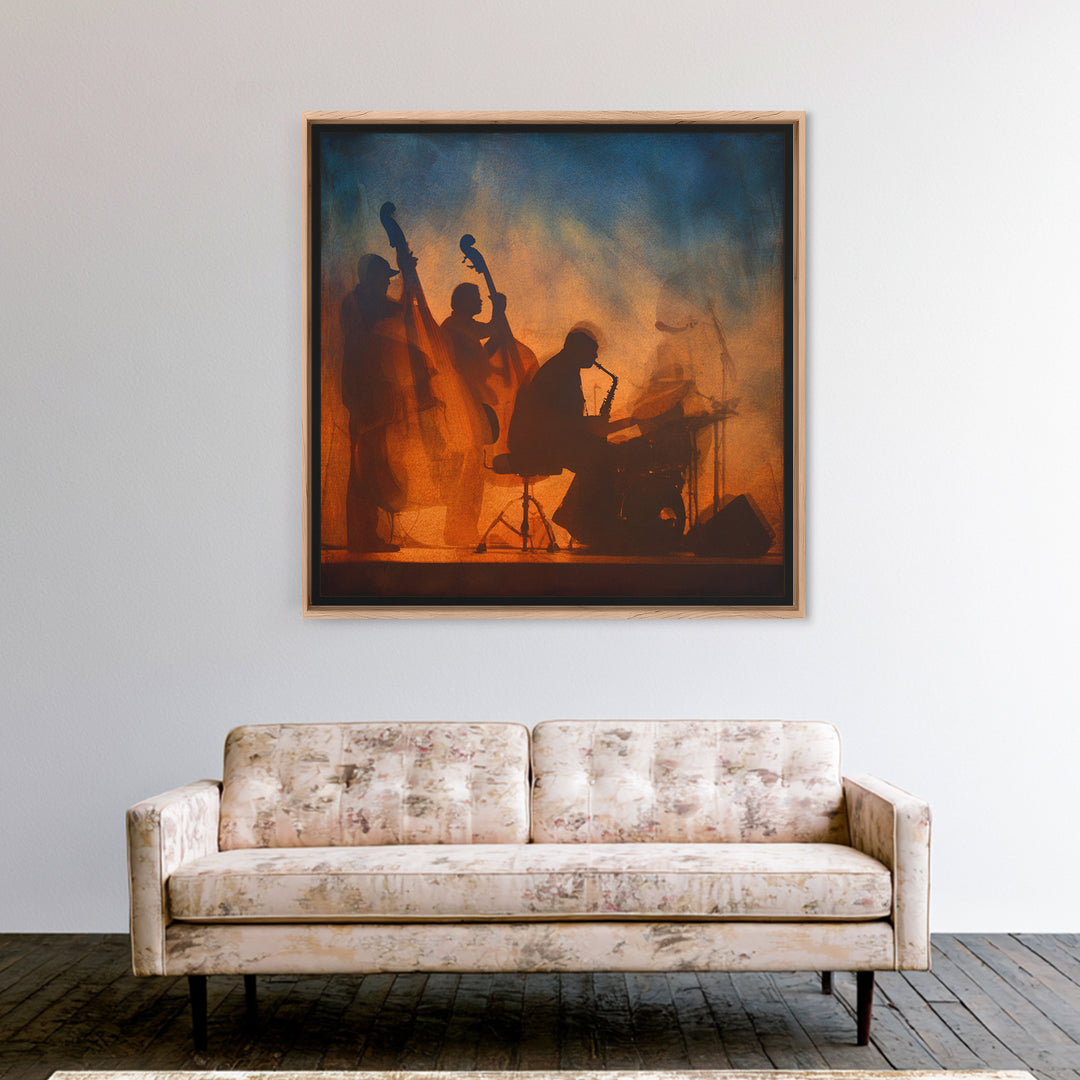 Jazz Quartet Silhouettes Framed Canvas Print, Music Studio Art, Travel Wall Art, Studio Decor, Fine Art, Rhythm, Boho Decor, MSA-1x1-46