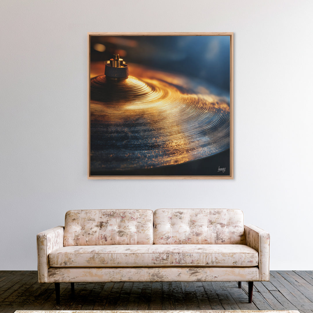 Gold Cymbal Closeup Framed Canvas Print, Music Studio Art, Wall Decor, Studio Decor, Fine Art, Rhythm, Wall Art Printable, MSA-1x1-48