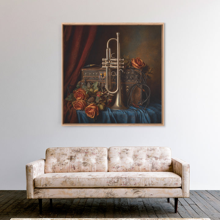 Trumpet and Roses Framed Canvas Print, Music Studio Art, Modern Wall Art, Studio Decor, Rhythm, Boho Art, Travel Wall Art, MSA-1x1-56