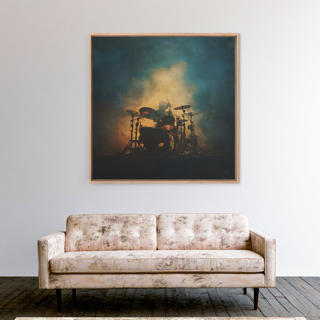 Drum Kit Silhouette Framed Canvas Print, Music Studio Art, Commission Painting, Studio Decor, Watercolor Art, Rhythm, MSA-1x1-6