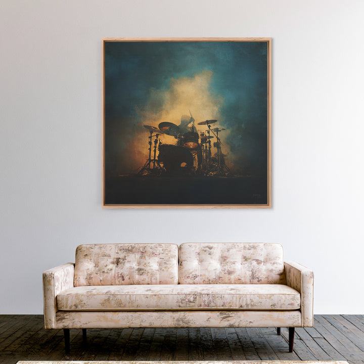 Drum Kit Silhouette Framed Canvas Print, Music Studio Art, Commission Painting, Studio Decor, Watercolor Art, Rhythm, MSA-1x1-6