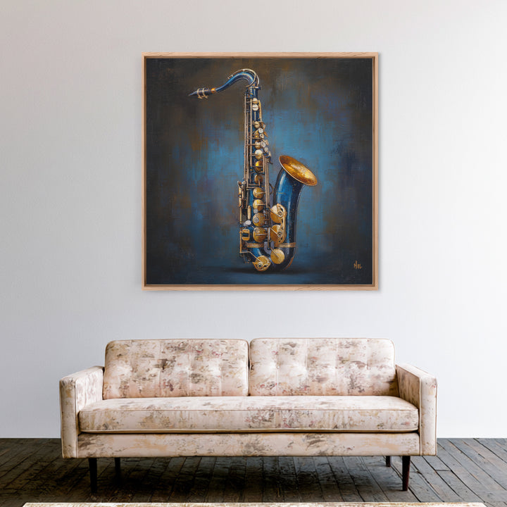 Jazz Saxophone with Smoky Blue Background Framed Canvas Print, Music Studio Art, Music Lover, Studio Decor, Fine Art, Rhythm, MSA-1x1-74