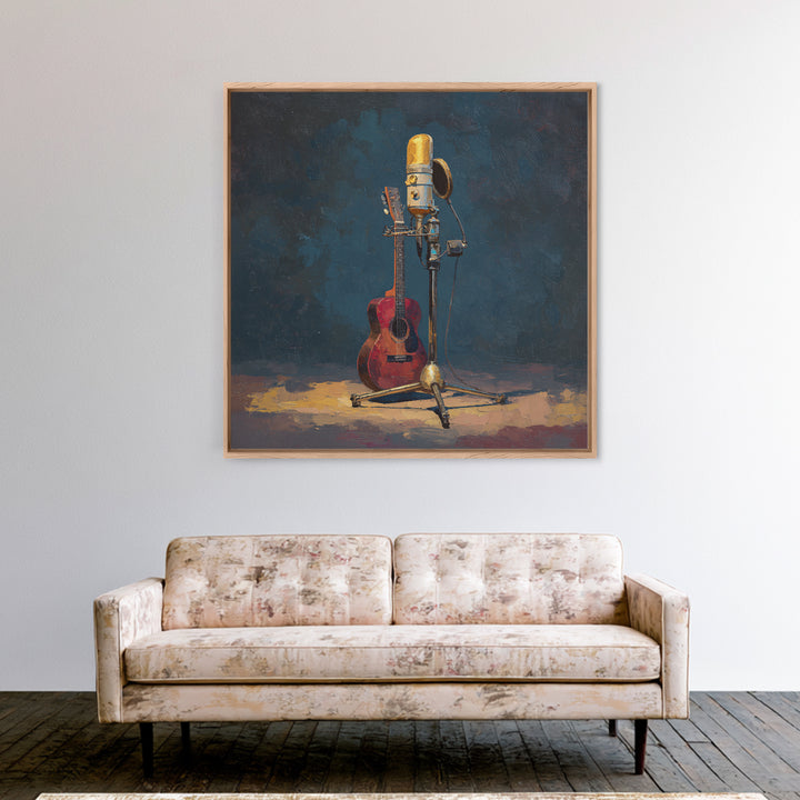 Microphone Portrait with Golden Spotlight Framed Canvas Print, Music Studio Art, Fine Art Print, Studio Decor, Fine Art, Rhythm, MSA-1x1-79