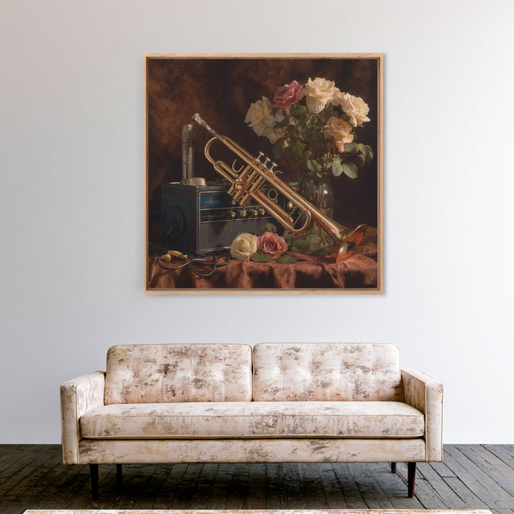 Trumpet and Roses Framed Canvas Print, Music Studio Art, Printable Art, Studio Decor, Rhythm, Music Art, Man Cave Decor, MSA-1x1-8