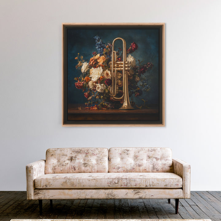 Trumpet and Roses Framed Canvas Print, Music Studio Art, Modern Decor, Studio Decor, Fine Art, Rhythm, Home Decor, Wall Decor, MSA-1x1-80