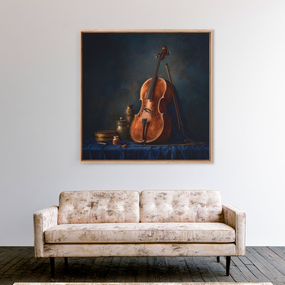 Cello Leaning Against Dark Velvet Backdrop Canvas Print, Music Studio Art, Textured Painting, Studio Decor, Fine Art, Rhythm, MSA-1x1-81