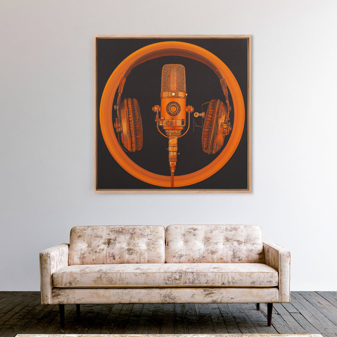 Headphones Around a Glowing Record Framed Canvas Print, Music Studio Art, Statement Artwork, Studio Decor, Fine Art, Rhythm, MSA-1x1-83