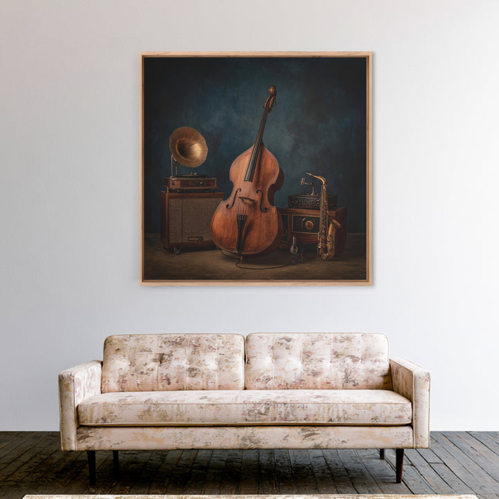 Cello Leaning Against Dark Velvet Backdrop Canvas Print, Music Studio Art, Gifts for Musicians, Studio Decor, Fine Art, Rhythm, MSA-1x1-9