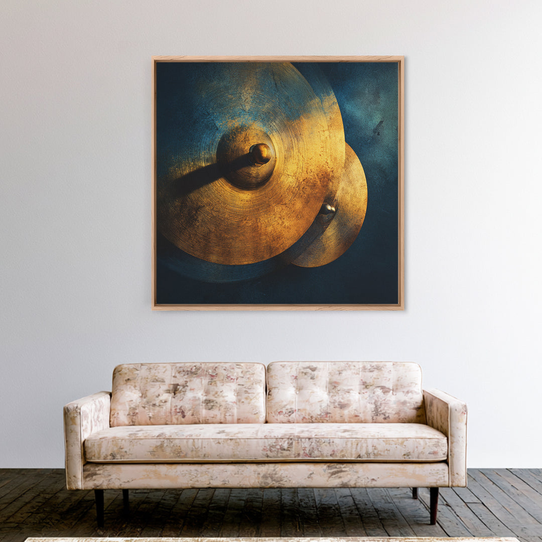 Gold Cymbal Closeup Framed Canvas Print, Music Studio Art, Printable Wall Art, Studio Decor, Rhythm, Painting from Photo, MSA-1x1-96