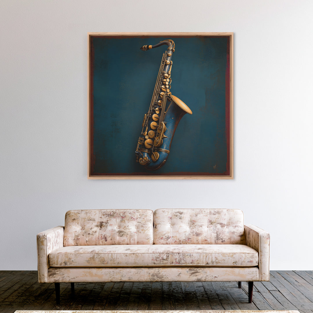 Jazz Saxophone with Smoky Blue Background Canvas Print, Music Studio Art, Boho Decor, Studio Decor, Fine Art, Rhythm, MSA-1x1-98