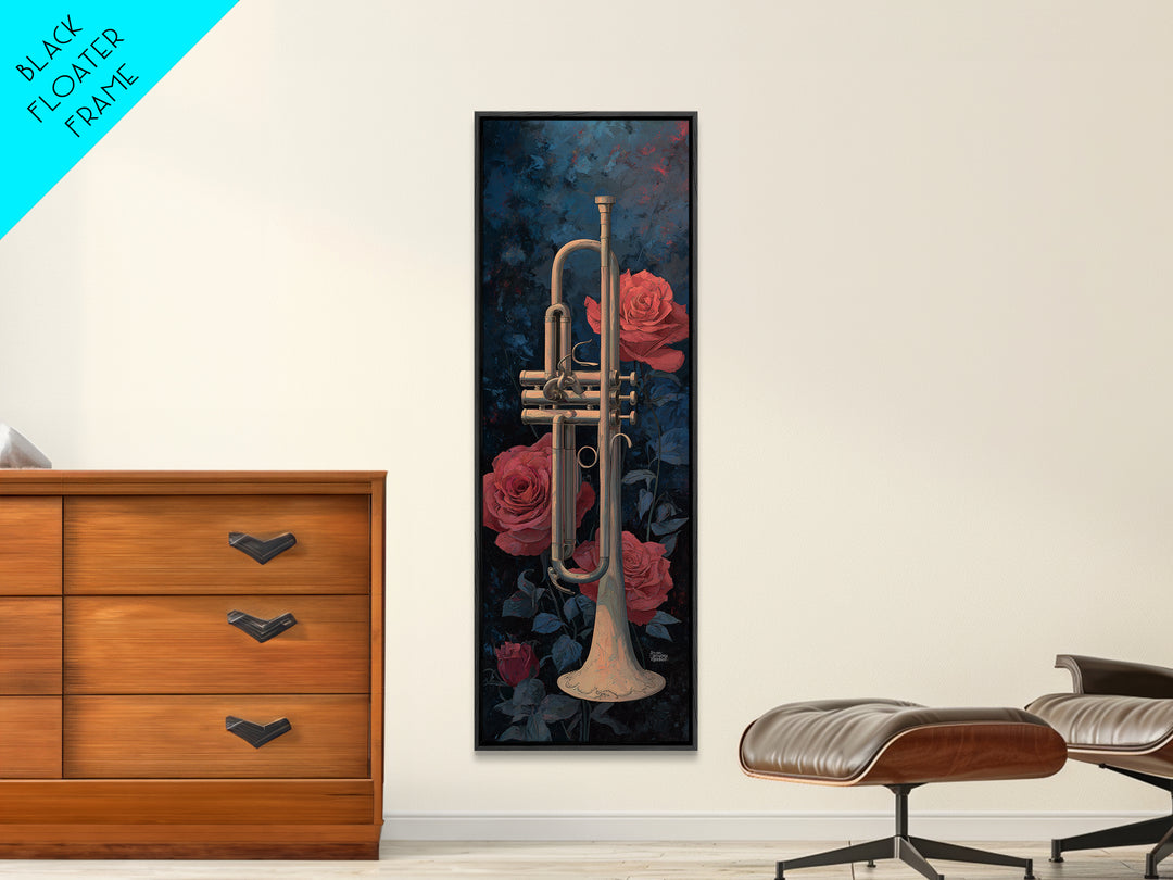 Trumpet and Roses Framed Canvas Print, Music Studio Art, Luxury Decor, Studio Decor, Fine Art, Rhythm, Art Commission, MSA-1x3-20