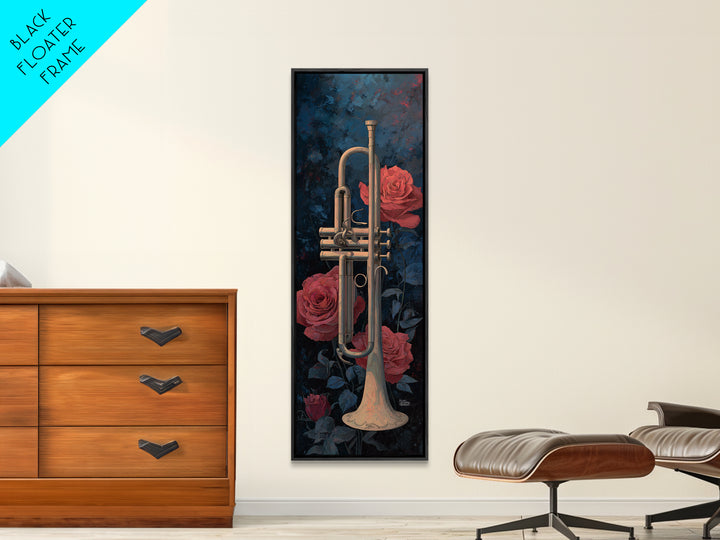Trumpet and Roses Framed Canvas Print, Music Studio Art, Luxury Decor, Studio Decor, Fine Art, Rhythm, Art Commission, MSA-1x3-20