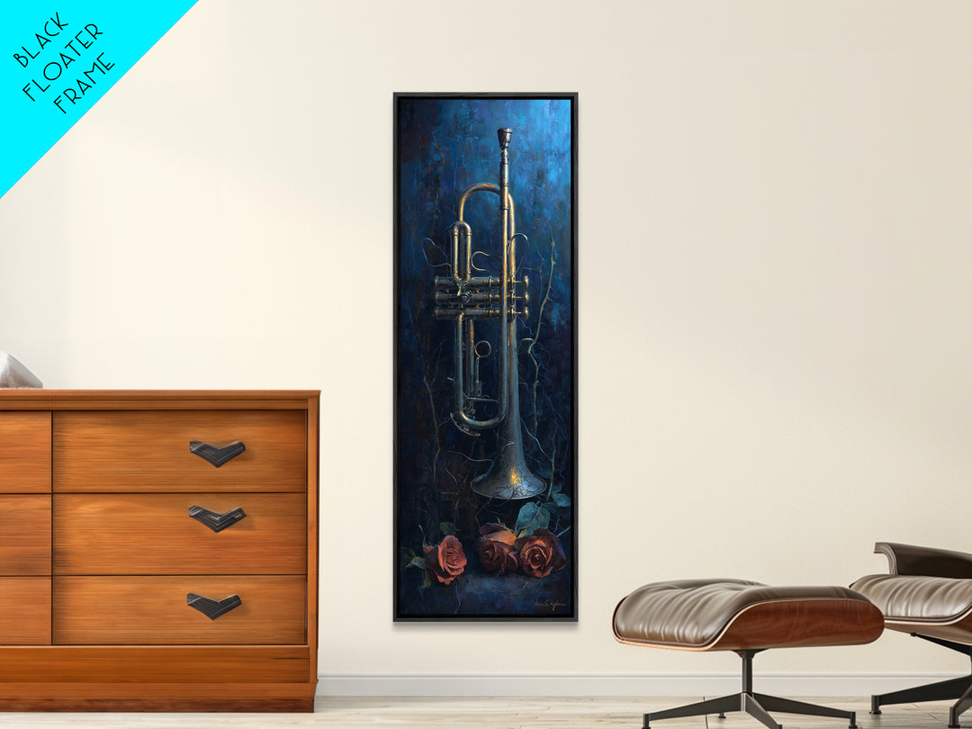 Trumpet and Roses Canvas Print, Music Studio Art, Contemporary Art, Studio Decor, Rhythm, Music Poster, Trendy Wall Art, MSA-1x3-44