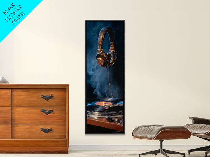 Headphones Around a Glowing Record Framed Canvas Print, Music Studio Art, Custom Painting, Studio Decor, Fine Art, Rhythm, MSA-1x3-47