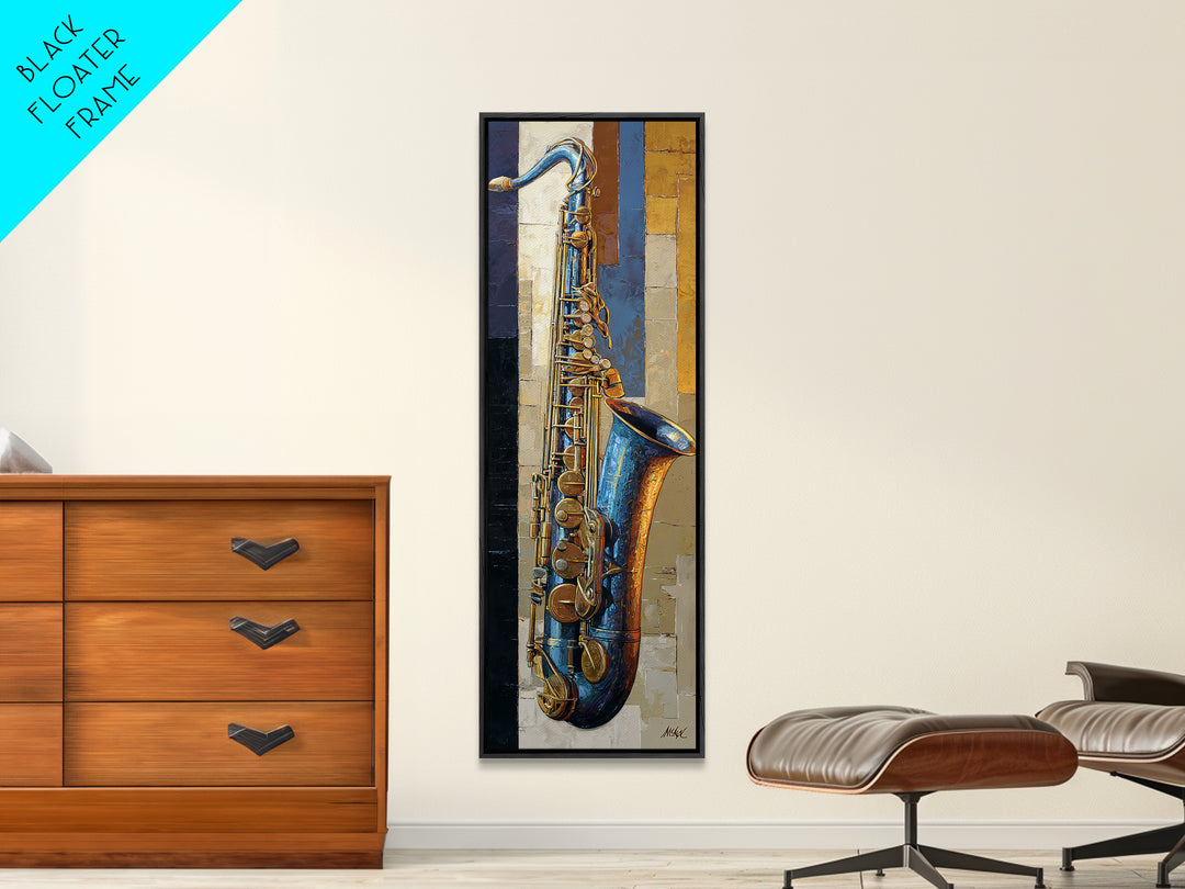 Jazz Saxophone with Smoky Blue Background Framed Canvas Print, Music Studio Art, Neutral Decor, Studio Decor, Fine Art, Rhythm, MSA-1x3-62