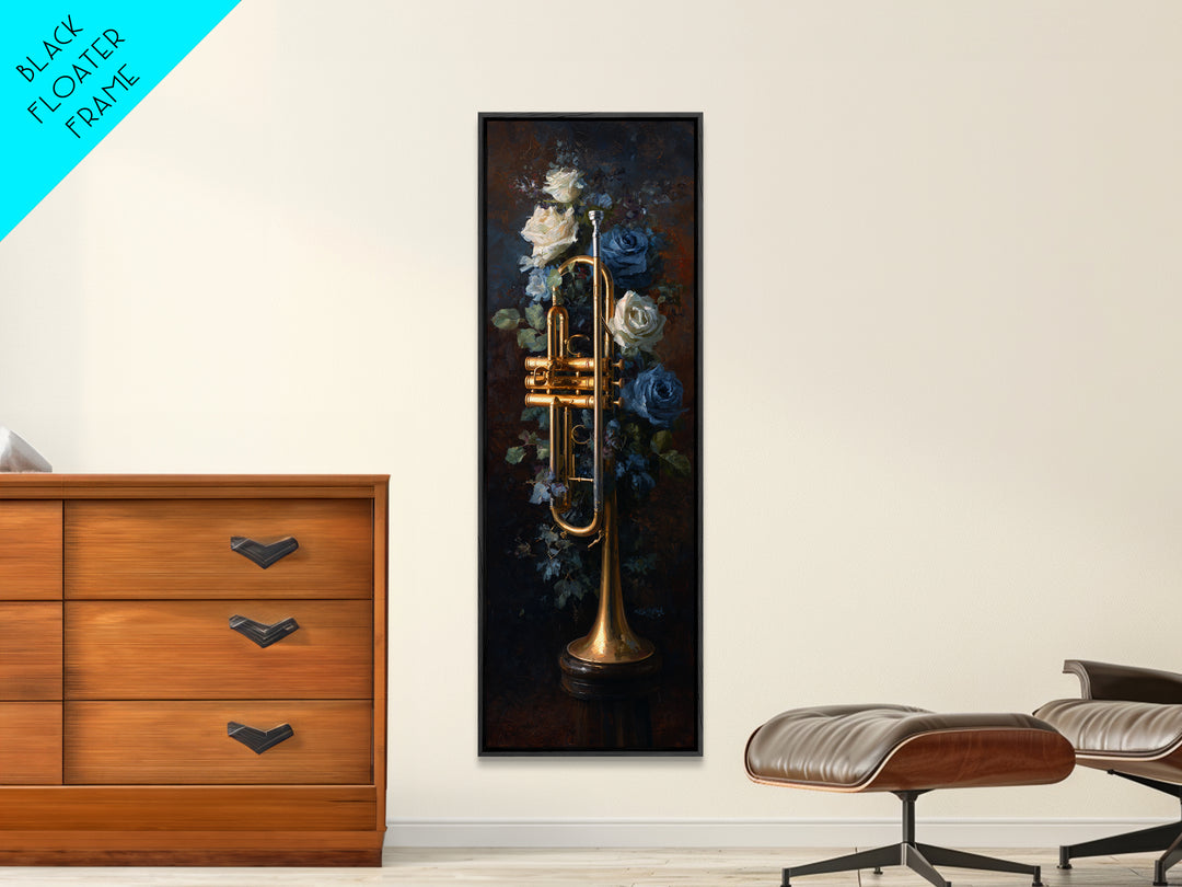 Trumpet and Roses Canvas Print, Music Studio Art, Scripture Wall Art, Studio Decor, Fine Art, Rhythm, Travel Wall Art, MSA-1x3-68