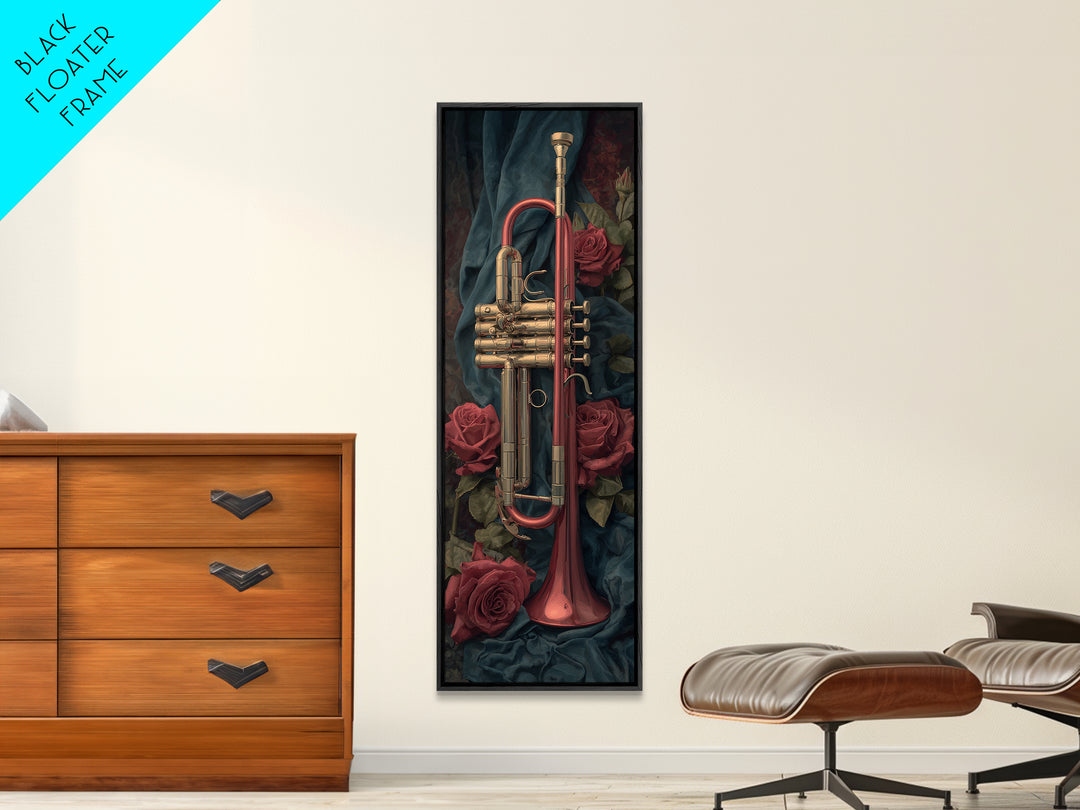 Trumpet and Roses Framed Canvas Print, Music Studio Art, Painting from Photo, Studio Decor, Rhythm, Gifts for Musicians, MSA-1x3-92