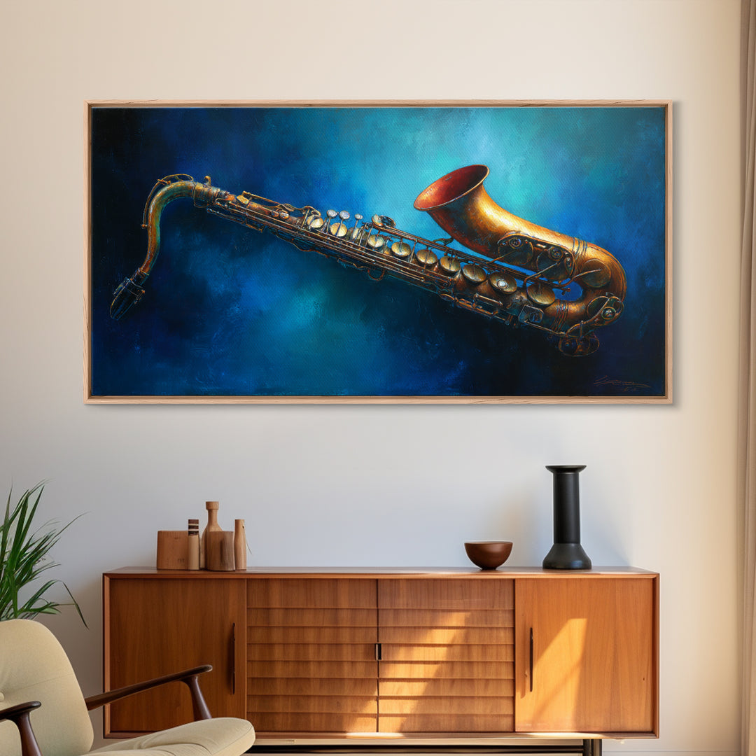 Jazz Saxophone with Smoky Blue Background Canvas Print, Music Studio Art, Boho Decor, Studio Decor, Fine Art, Rhythm, MSA-2x1-22