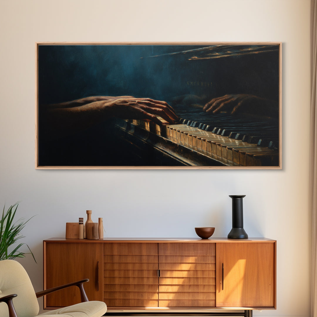 Piano Keys with Hands in Cinematic Shadow Framed Canvas Print, Music Studio Art, Home Decor, Studio Decor, Fine Art, Rhythm, MSA-2x1-25