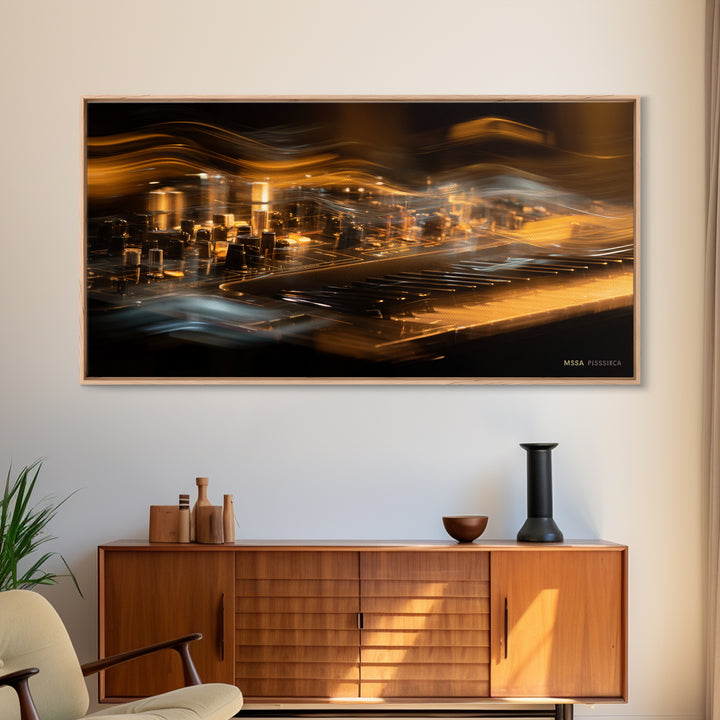 Synthesizer Knobs and Neon Reflections Framed Canvas Print, Music Studio Art, Luxury Decor, Studio Decor, Fine Art, Rhythm, MSA-2x1-30