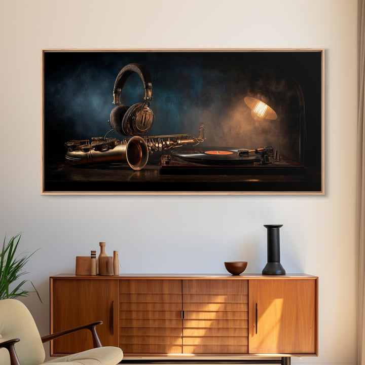 Headphones Around a Glowing Record Canvas Print, Music Studio Art, Printable Art, Studio Decor, Fine Art, Rhythm, Music Art, MSA-2x1-31