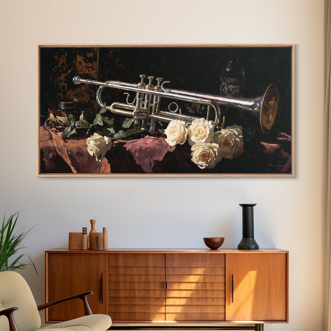 Trumpet and Roses Canvas Print, Music Studio Art, Printable Wall Art, Studio Decor, Fine Art, Rhythm, Painting from Photo, MSA-2x1-52