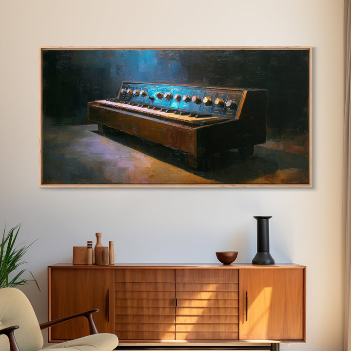 Synthesizer Knobs and Neon Reflections Framed Canvas Print, Music Studio Art, Luxury Decor, Studio Decor, Fine Art, Rhythm, MSA-2x1-6
