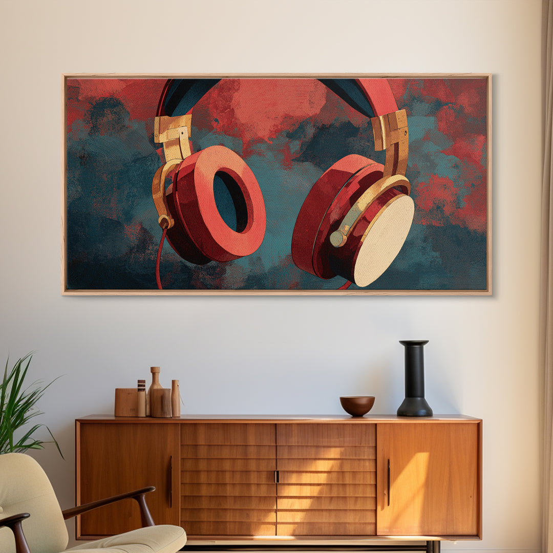 Headphones Around a Glowing Record Framed Canvas Print, Music Studio Art, Wall Decor, Studio Decor, Fine Art, Rhythm, MSA-2x1-7