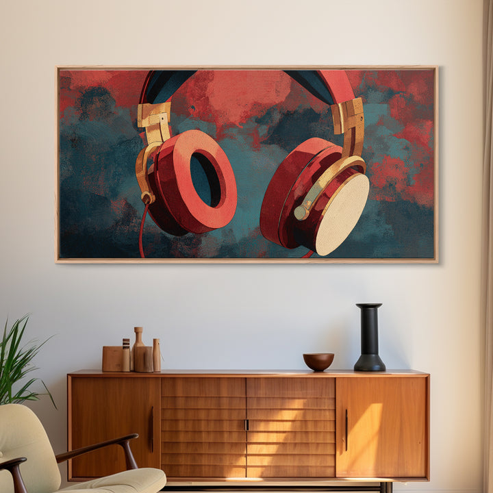 Headphones Around a Glowing Record Framed Canvas Print, Music Studio Art, Wall Decor, Studio Decor, Fine Art, Rhythm, MSA-2x1-7