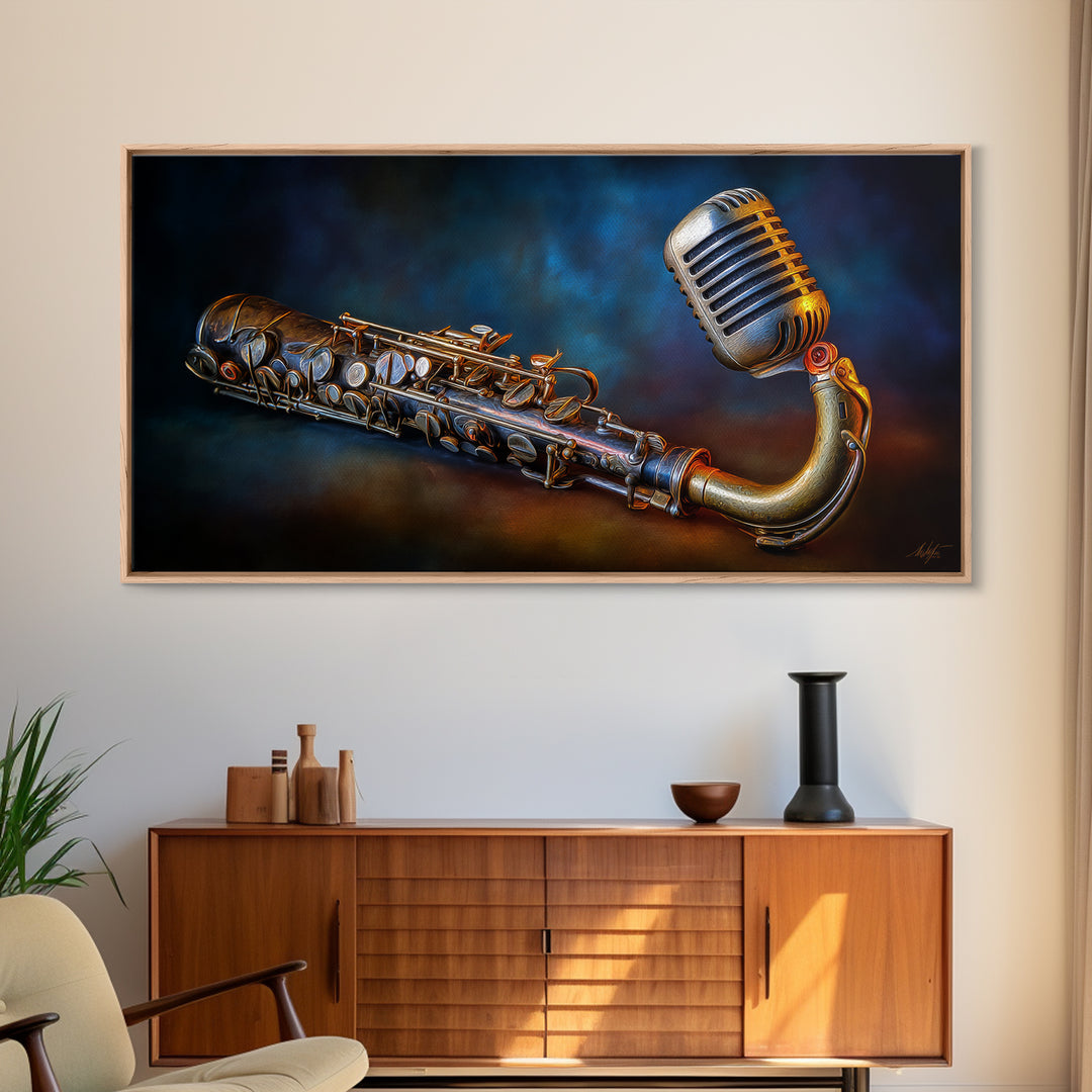 Microphone Portrait with Golden Spotlight Framed Canvas Print, Music Studio Art, Boho Decor, Studio Decor, Oil Painting, Rhythm, MSA-2x1-75