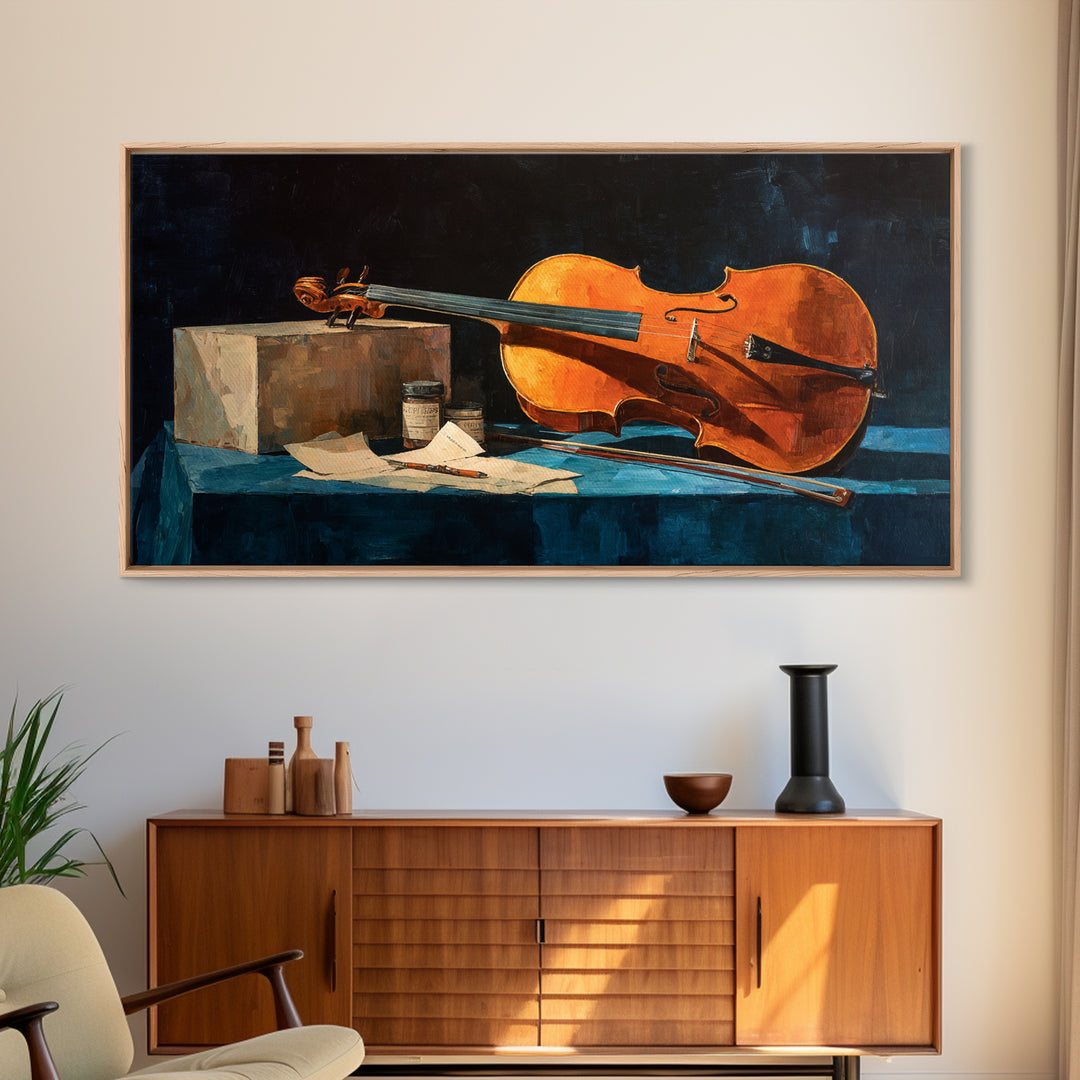 Cello Leaning Against Dark Velvet Backdrop Canvas Print, Music Studio Art, Printable Art, Studio Decor, Oil Painting, Rhythm, MSA-2x1-77