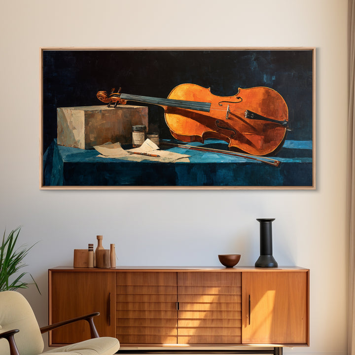 Cello Leaning Against Dark Velvet Backdrop Canvas Print, Music Studio Art, Printable Art, Studio Decor, Oil Painting, Rhythm, MSA-2x1-77