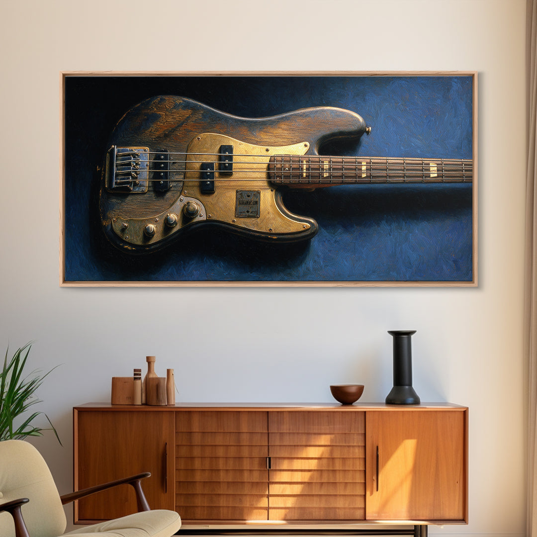 Bass Guitar Closeup Framed Canvas Print, Music Studio Art, Custom Painting, Studio Decor, Watercolor Art, Rhythm, MSA-2x1-81
