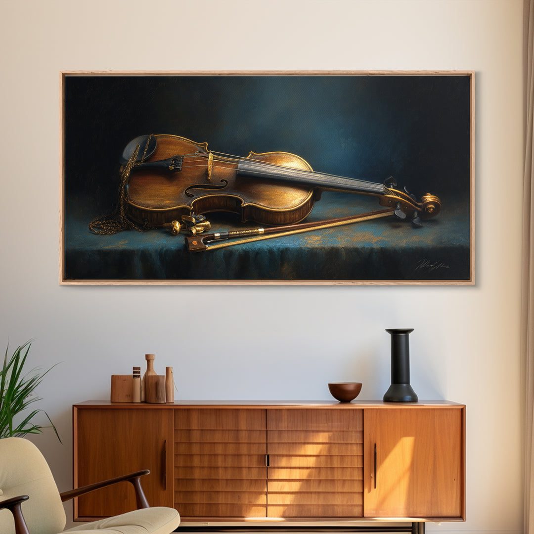 Violin and Bow Framed Canvas Print, Music Studio Art, Music Posters, Studio Decor, Fine Art, Rhythm, Music Lover, Gallery Decor, MSA-2x1-84