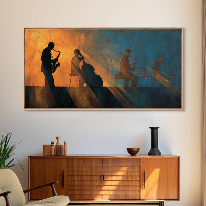 Jazz Quartet Silhouettes Framed Canvas Print, Music Studio Art, Studio Decor, Oil Painting, Rhythm, Wall Art Printable, MSA-2x1-90