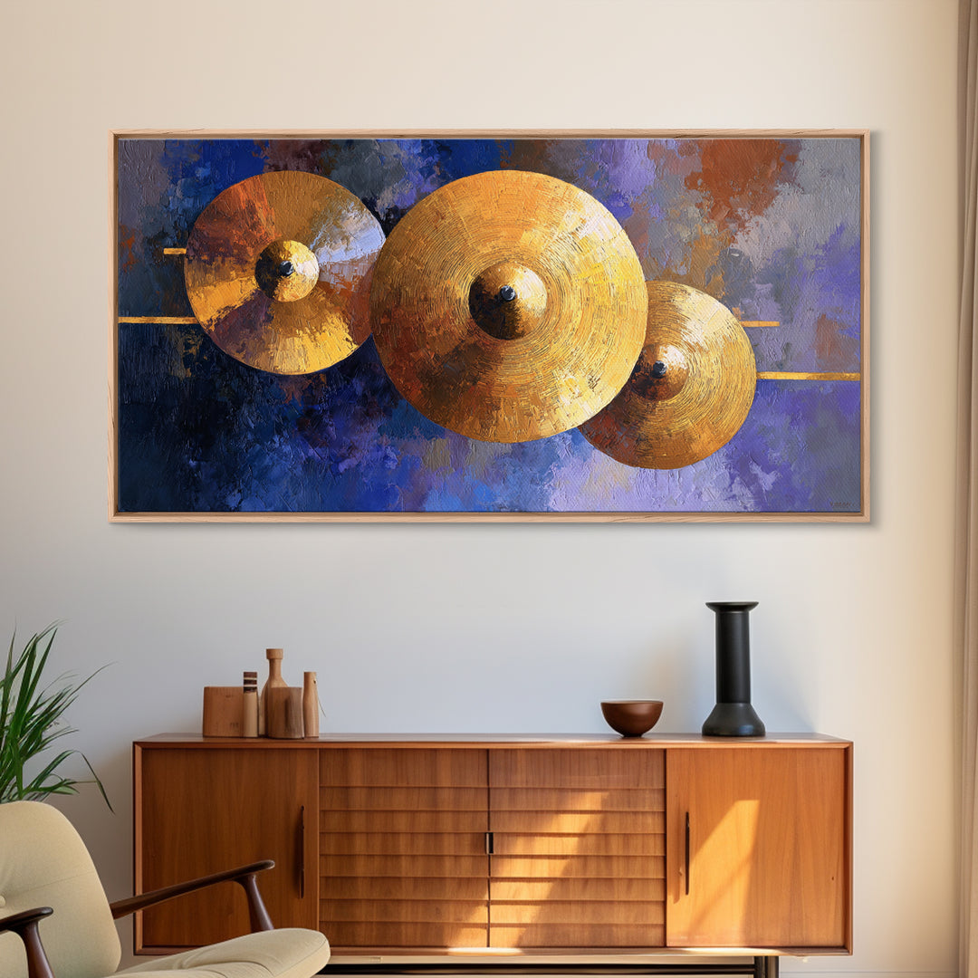 Gold Cymbal Closeup Framed Canvas Print, Music Studio Art, Music Wall Art, Studio Decor, Oil Painting, Rhythm, Teen Room Decor, MSA-2x1-92