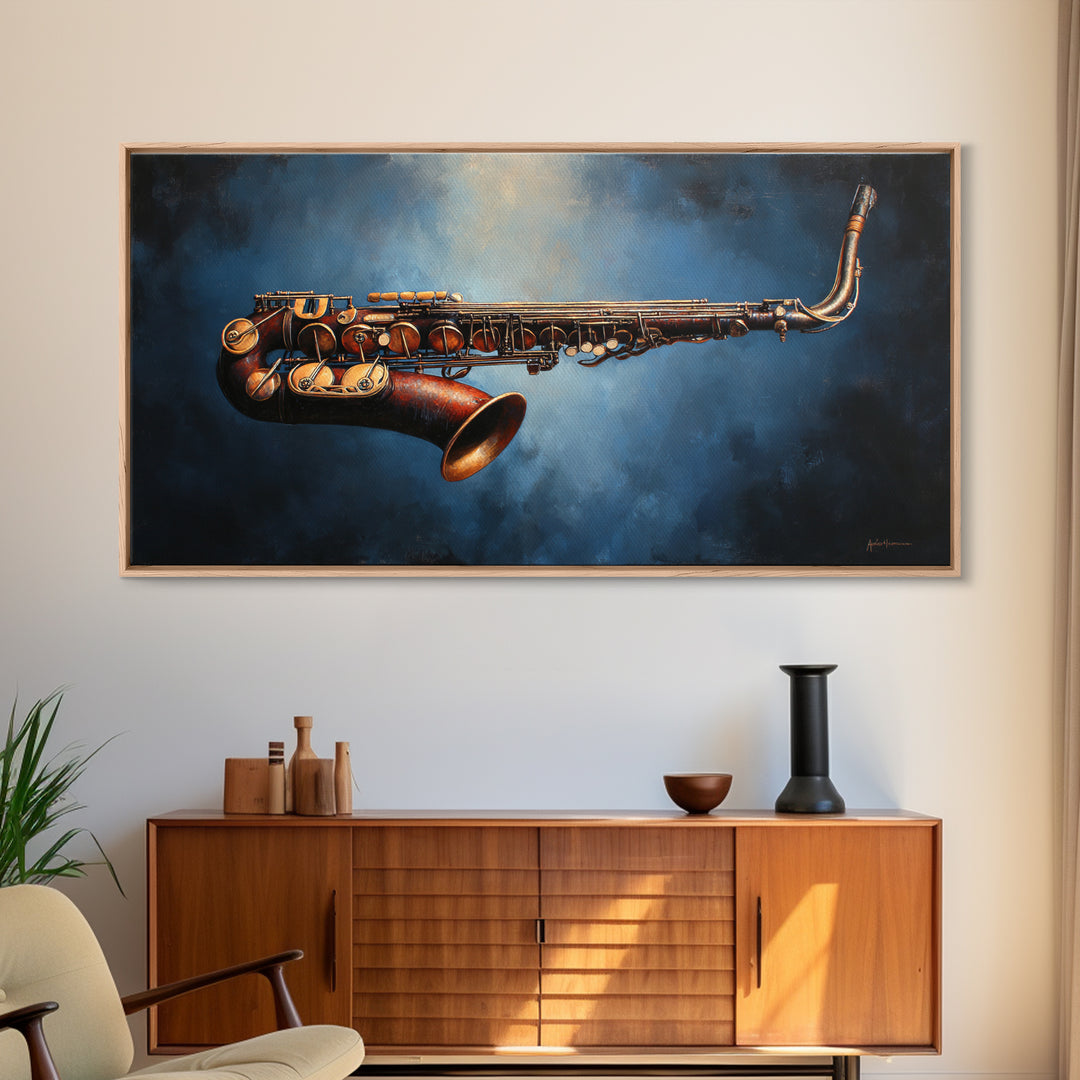 Jazz Saxophone with Smoky Blue Background Canvas Print, Music Studio Art, Music, Studio Decor, Rhythm, Digital Download Art, MSA-2x1-94