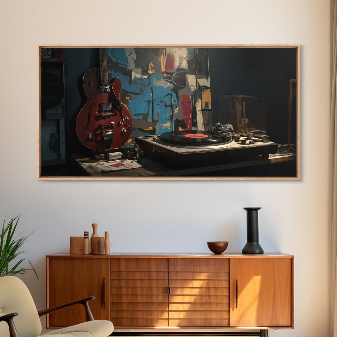 Vinyl Record and Turntable Still Life Framed Canvas Print, Music Studio Art, Gifts for Musicians, Studio Decor, Rhythm, MSA-2x1-95